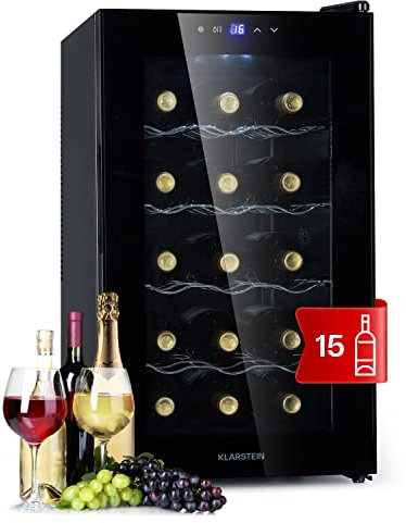 Klarstein Vinoteca 15 Botellas, Nevera Vinos de Una Zona, Nevera Expositora Vino y Cerveza, Vinoteca Pequeña Interior y Exterior con Puerta de Cristal, Nevera Vino Protección UV, Panel Táctil, 11-18°C