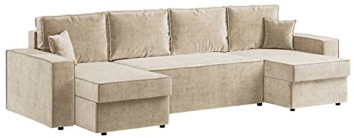 MKS MEBLE Sofa U-Form, Sofa mit Schlaffunktion, Wohnlandschaft, U-Form Couch, Bettsofa, Wohnzimmer U Couch - Polstersofa mit Bettkasten - Denver U Hellcreme Monolith