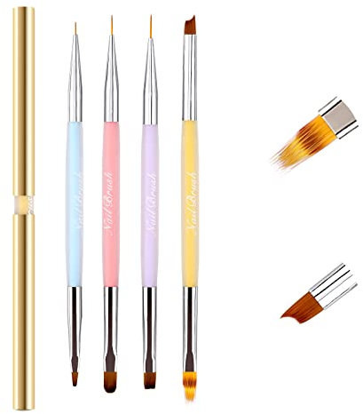 Double-End Nail Art Brushes Set for Gel Nail with Lid and Ombre/French Pens, LEA-SHALL 8 Heads Ombre/Flat/Liner/Round/Petal/French Tip UV Builder Polish Painting Kit DIY Professional Design