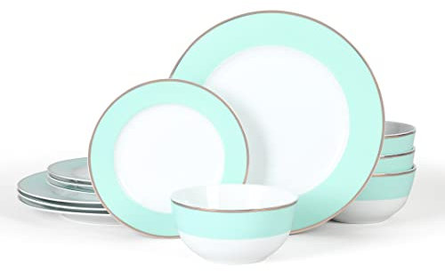 Martha Stewart Gracie Lane Porzellan-Geschirr-Set, Martha-Blau mit Goldrand, Service für 4 Personen (12-teilig)