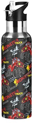 Monster Red Truck - Botella de agua de acero inoxidable para niñas y niños, con pajita, aislada al vacío, a prueba de fugas, termo para deportes, 600 ml
