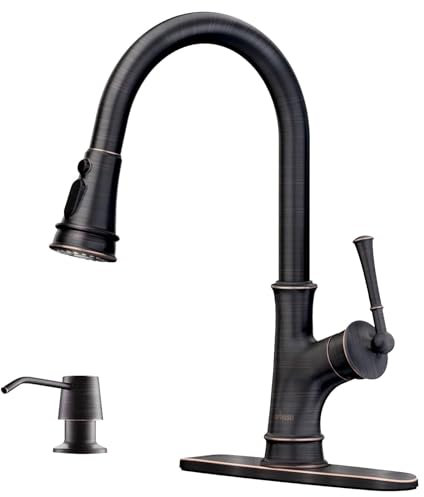 APPASO Bronze-Küchenarmatur mit Seifenspender, ölgeriebener Bronze-Spültischarmatur für Küche, Einhebel-Hochbogen, Küchenspüle, Wasserhahn