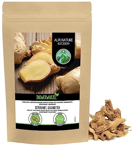 Alpi Nature Radice di Zenzero Pezzi 500g, Radice di Zenzero Essiccata e Tagliata 50-80mm per Tisana