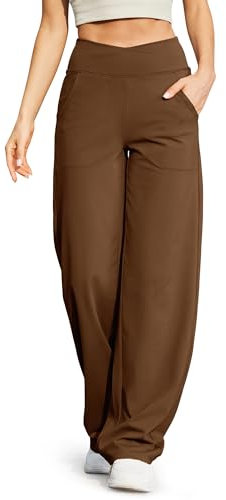 G4Free Yoga Pants for Women Wide Leg Joggers Trousers Crossover High Waist Loose Stretch Work Dress Casual Lounge Pants with Pockets(Dark Coffee,L)