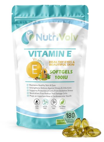 Nutrivolv Vitamin E 100IU - 180 Softgels | Antioxidant Supplement for Skin Support & Cell Protection | Helps Reduce Oxidative Stress, Promotes Healthy Skin & Immune Support