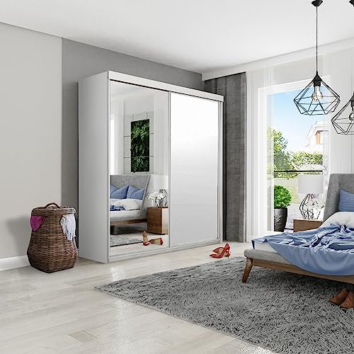 KIER FURNITURE Mehrzweckschrank TOP B-23 Schiebetürenschrank - Eleganter Kleiderschrank Schrank Garderobe Spiegel - Wohnzimmerschrank Schiebetüren - Weiß 150x200x62 cm