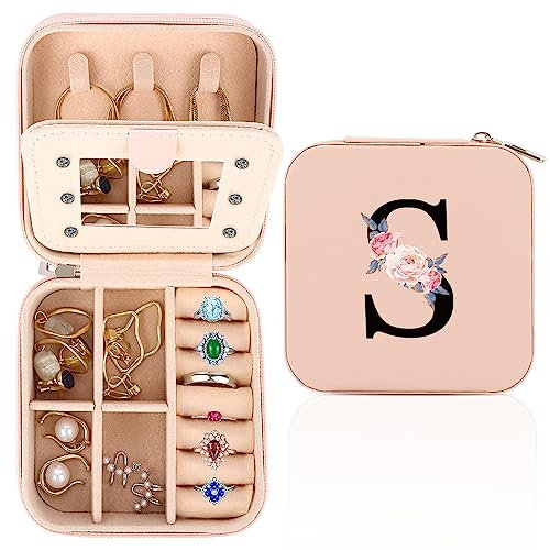 WALLFID Travel Jewellery Box,Alphabet Jewellery Organiser,Portable Jewellery Box,Small Travel Jewellery Storage Case with Mirror,Birthday Gift for Women,Mothers Birthday Valentines Day Gift Ideal(S)