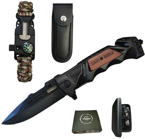 SURVIWORLD be ready! Kit de Survie Militaire | Couteau Pliant de Poche + Bracelet Allume feu Boussole + Etui Cuir | Kit de Survie Lame en Acier Inoxydable | Cadeau Kohlanta