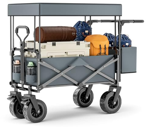 Tawxot 100L Bollerwagen faltbar mit Dach, Gartenwagen klappbar bis 100kg Tragkraft, 600D Oxford-Gewebe, Verstellbarer Griff, Handwagen für Alle Gelände, Draussen Camping Einkaufen (grau)