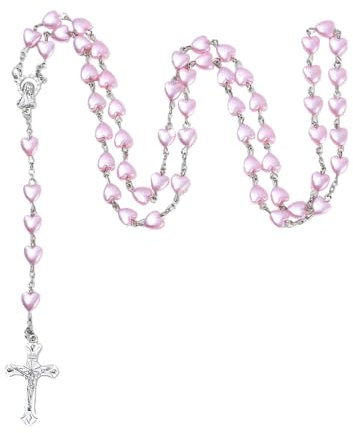MAIGO Rosary Beads - Pink Rosary Beads Catholic Women Smooth Beads Catholic Cross Necklace Religious Jewelry Catholic Jesus Cross Pendant Necklace Jesus Cross Chain Rosery Catholic Silver Necklace