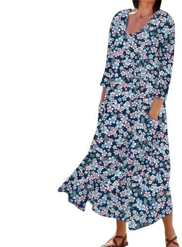 Kleider für hochzeitsgäste gelbes Kleid Abendkleid lang Kleid mädchen festlich Elegant Blumen Druck Rundhals Halben Ärmel Maxi Strand Kleid mit Tasche Erstkommunion Kleid Shirtkleid (Blue, L)