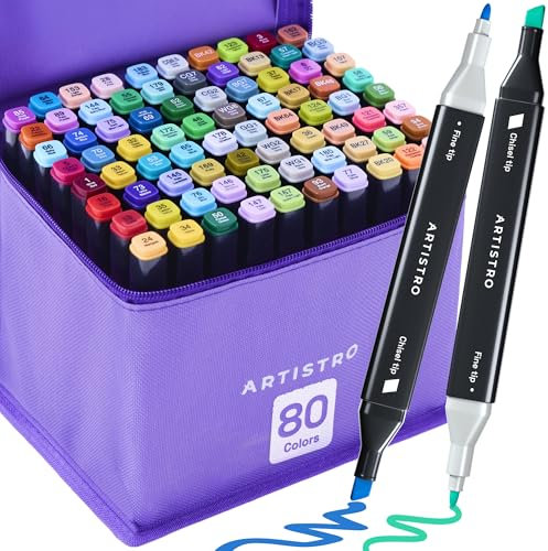 Artistro 80 Dual-Tip Alkoholmarker – Alkoholbasierte Stifte-Set, Meißel- + Feine Spitze, Schnell trocknend, Inklusive Tragetasche