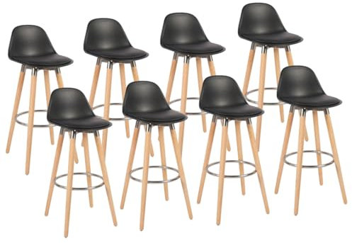 Box and beyond - Lot de 8 Tabourets de Bar - Hauteur 91 cm - Bois, Métal et Plastique Noir - Repose-Pieds - Cuisine, Salon, Salle à Manger, Ilot de Cuisine, Bar - Style Moderne et Contemporain