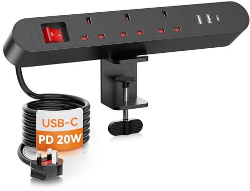 Ulthos Power Socket with USB C PD20W, Desk Extension Lead with Switch, Power Strip with USB, Black