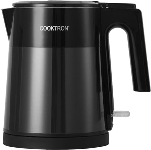 Cooktron Bouilloire Électrique Inox, 1 L, Noire, Extra Silencieuse <30dB, BPA-Free, Design à Double Paroi, Chauffage Rapide