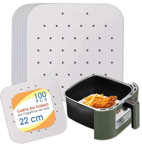 Caffetti 100 Fogli di Carta da Forno Bianchi per Friggitrice ad Aria, 100% Biodegradabili Quadrati Forati, Monouso, Antiaderente, Senza Olio, Alimenti, Fritti, Arrosto Cucina - 22 x 22 cm