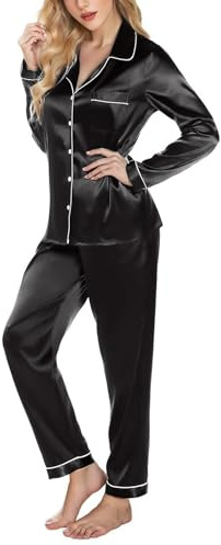 TANTOMI Pigiama Seta Donna in Raso con Bottoni Pigiami Due Pezzi a Maniche Lunghe e Pantaloni Lunghi Morbido Comodo Set Pigiama da Notte XS-S