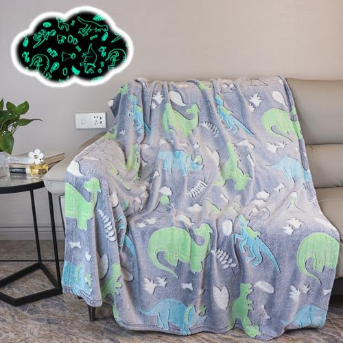 Kuscheldecke Dinosaurier Kinder Karikatur Dinokuscheldecke leuchtet im Dunkeln,Weiche Flanell Fleecedecke Weihnachten Geschenk, Dinosaurier Geschenke für Jungen Mädchen (Dinosaurier B, 130x150cm)