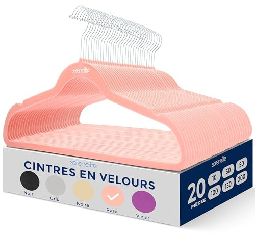 SereneLife Kleiderbügel Samt Rosa, 20er Set, Bügel rutschfest und Platzsparend, Clothes Hangers mit Einkerbungen im Schulterbereich für Anzüge, Hemden und Krawatten, 360° drehbarer Haken, Ultradünn