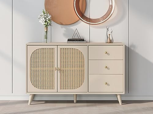 MSMOK Esszimmer Wohnzimmer Sideboard, 120 * 40 * 82.5cm, Kommode Stehschrank Aufbewahrung Sideboard TV-Tisch mit Türen und Schubladen Sideboard mit großem Stauraum Offwhite Creme
