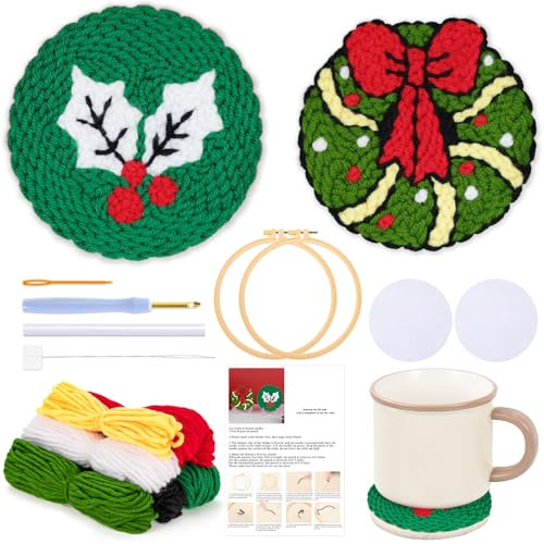 JSRQT Weihnachts Craft Punch Needle Untersetzer Kit Punch Needle Embroidery Starter Kit für Anfänger DIY Needle Punch Handwerk Stickerei Kit für Basteln Stickerei Coaster Kunst Handwerk (2 Stück)