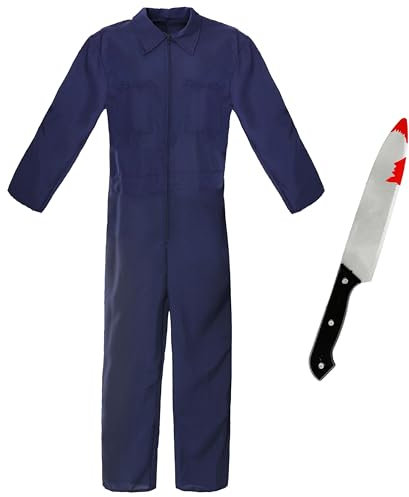 Adults Jumpsuit & Knife Costume - XX-Large - Navy Blue Jumpsuit and Fake Plastic Knife - Adults Halloween Fancy Dress Costume