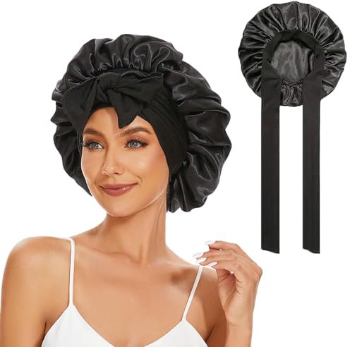 Catelves Seidenhaube zum Schlafen Lange Haare, Silk Bonnet Weiche und Bequeme, Bonnet Seide, Hair Bonnet, Schlafhaube Seide für Verstellbares Breites Band zur Befestigung am Kopf(Schwarz)