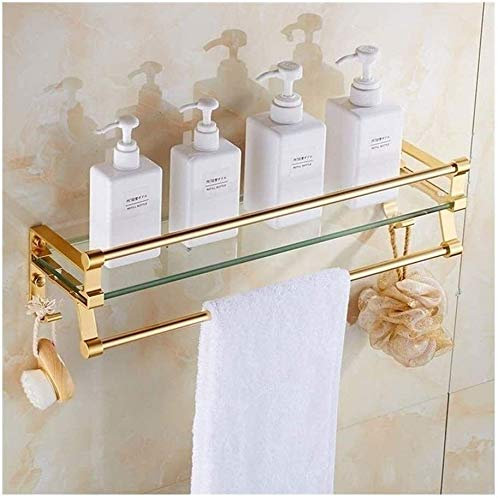 Étagère de salle de bain en aluminium doré avec barre porte-serviettes et rail - Étagère murale en verre trempé pour rangement de douche (60 cm)