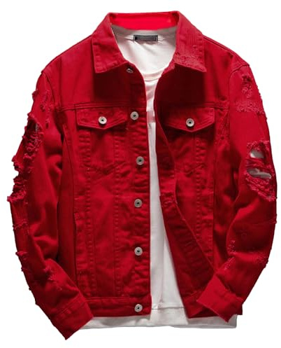 SWJGLITTR Men Button Distressed Denim Jacket Ripped Slim Trucker Jean Jackets Casual Cowboy Cut Biker Coats