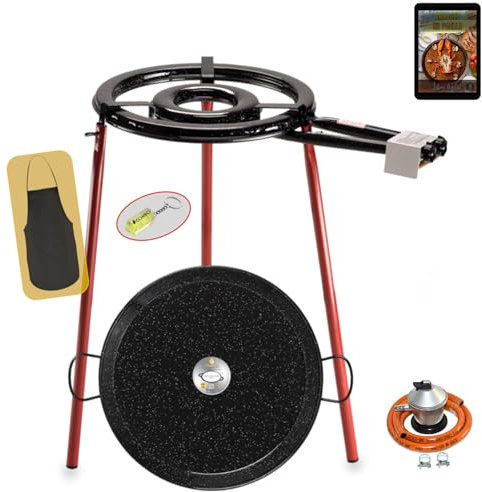 COMBOI Paellero de gas butano Kit Profesional, Quemador plano 35 cm, Paellera Esmaltada 46 cm, Regulador, Manguera, Patas Reforzadas, Nivel, Delantal, Libro Recetas Digital (Kit Paellero Pro-E 35 cm)
