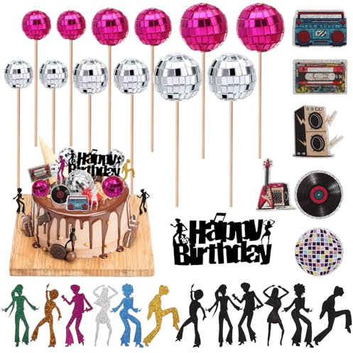 Draupnir 31 Stück Discokugel Tortendeko, Happy Birthday Cake Topper, Kuchen Toppers 1970er Jahre, Cupcake Toppers für Hippie Neon Party Dekorationen Disco Ball Dance 70er Geburtstag Party