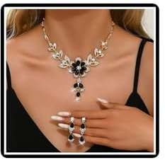Dishowme Kristall Blume Halskette Ohrringe Sets Braut Hochzeit Schmuck Sets Floral Teardrop Strass Dangle Ohrringe Halskette für Frauen Damen Brautjungfern (Schwarz)
