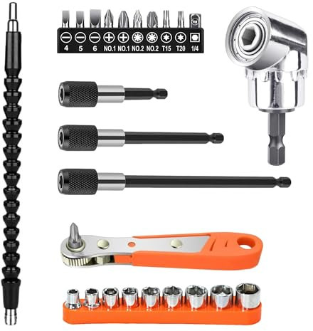 TECHTOO Screwdriver Soft Shafts with Drill Connection Drive Tip Kit Adaptor, 105 Degree Right Angle Drill Extension, 3 Pcs 1/4 Inch Hex Shank Bit Holder, Ratchet Screwdriver, 9 Hex Drive Socket Set