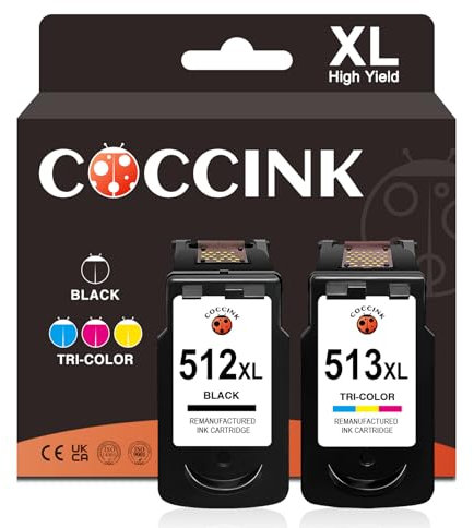 COCCINK PG-512 XL CL-513 XL Wiederaufbereitete Druckerpatronen Ersatz für Canon 512XL 513XL 510Xl 511 XL(1 Schwarz, 1 Farbe) für mp250 mp230 mp280 ip2700 mp240 mp495 Drucker