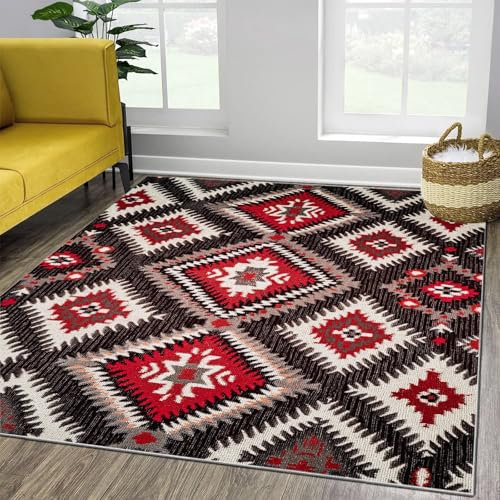 3D-Teppich, symmetrisches Inka-Muster, bedruckt, Rot und Schwarz, extra groß, weicher Flanell-Teppich für Wohnzimmer, Schlafzimmer und Kinderzimmer, Dekoration, 120 x 180 cm