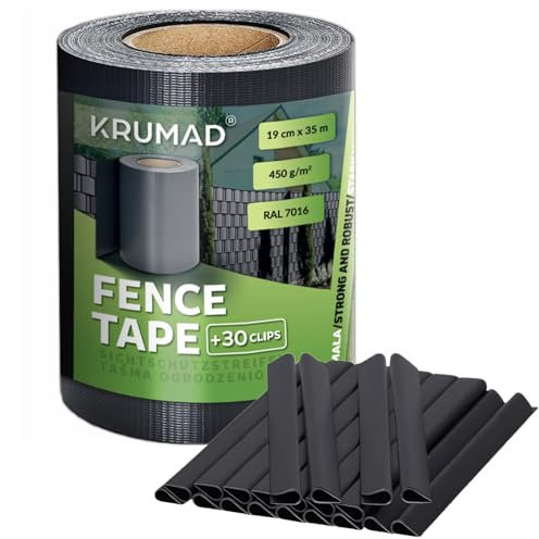 KRUMAD Sichtschutzstreifen Zaun, 19 cm x 35 m, UV-beständiges PVC, Wetterfest, für Doppelstabmattenzaun & Balkongeländer, 450 g/m², inkl. 30 Befestigungsclips, Anthrazit