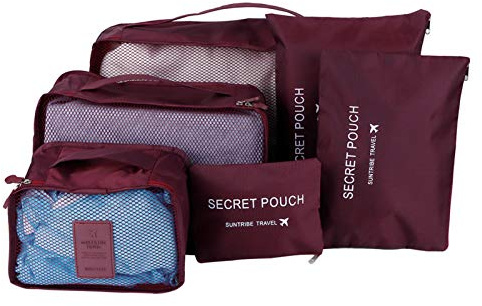 WPKD BLUEIY 6 Stück/Set Aufbewahrungstasche, Kleidersortiertasche und Gepäckverpackungs-Organizer für Reisen, Weinrot, Reise-Aufbewahrungstaschen-Set, Koffer-Organizer