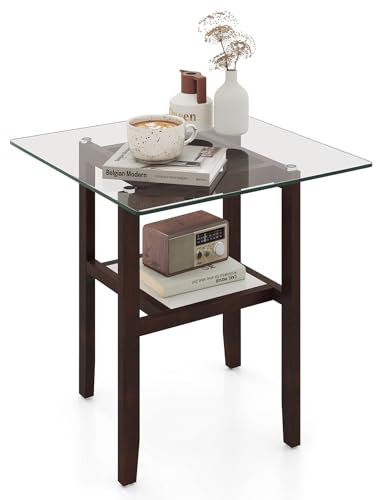 GIANTEX Beistelltisch aus Glas, moderner rechteckiger Wohnzimmertisch, Sofatisch Couchtisch 2 Ebenen, Kaffeetisch Teetisch mit massiv Holzbeinen, Glastisch quadratisch für Wohnzimmer Büro(61x61x62 cm)