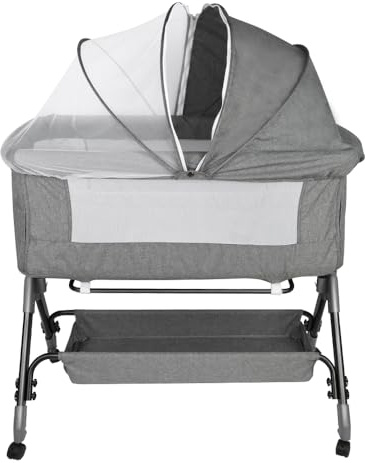 Beistellbett, 3-in-1, Beistellwiege mit Matratze und Moskitonetz, Babywiege, Tragfähigkeit 50 kg, kompakt in 3 Sekunden, leicht zu transportieren, 104 x 52 x 100 – 110 cm, Leinengrau