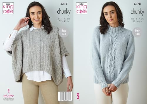 King Cole 6378 Knitting Pattern Ladies Chunky Cape Top & Cable Sweater
