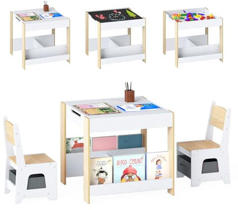 LIFEZEAL Kindertisch mit 2 Stühlen, 3 in 1 Maltisch & Aktivitätstisch & Tafeltisch mit Kinderstuhl, Multifunktionale Kindersitzgruppe Sitzgruppe Holz mit Stauraum (Holzfarben)