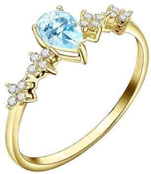 Lirzxin Gold Ringe Damen 585 14K, Hochzeit Ringe Damen Zart 0.5ct Tropfenform Aquamarin und Moissanit Eheringe Verlobungsringe Trauringe Partnerringe Gelbgold Größe 57 (18.1)