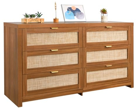 VEVOR Commode en rotin à 6 tiroirs, Meuble de Rangement avec poignées en métal, Organisateur de vêtements et Rangement bohème en Bois, Armoire pour Chambre à Coucher, Salon ou Couloir, Couleur Noyer