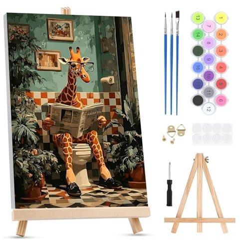 QENSPE Peinture par Numéros pour Adultes sur Toile Encadrée - avec Chevalet, Girafe Paint by Numbers Kit, Toilettes Peinture à l'huile Acrylique pour Décoration Murale Maison (20x30 cm)