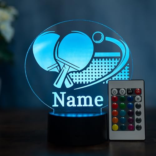 Optechvisual Personalisierte Tischtennis LED Lampe – 3D Nachtlicht dimmbar mit Name – Ping Pong LED Nachtlicht – Geschenk für Tischtennisspieler und Tischtennisspielerinnen