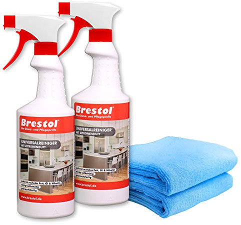 FETTLÖSER Zitrone SET5 (2x 750 ml gebrauchsfertig + 2x Mikrofaser Universaltuch 40 x 40 cm blau) Nikotinentferner Allzweckreiniger Küchenreiniger Entfetter für Dunstabzugshauben