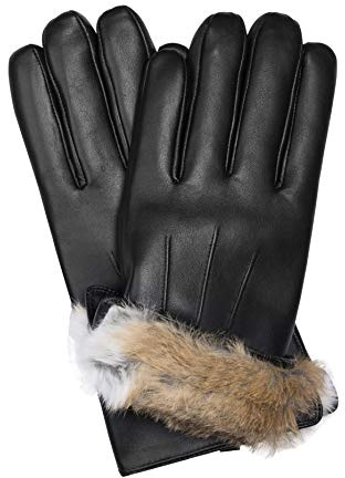 MESSERIO Men's Sheepskin Leather Gloves, Rabbit Fur Lined, Warm Winter
