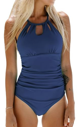 CUPSHE Damen Badeanzug mit Zierausschnitten Bauch Weg Bademode High Neck Shape Einteilige Strandmode Swimsuit Yale Blau L