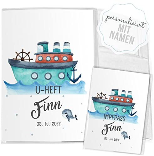 Mikalino Hülle für U-Heft + Impfpass Buntes Schiff im Meer (Name, Datum) Impfpasshülle & Schutzhülle, Grösse:U-Heft Set 3-teilig personalisiert, Farbe:7013_Schiff