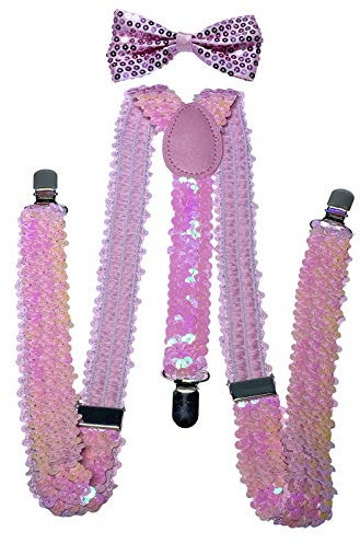 NiceYnn Hosenträger mit Fliege, breite Aufhängung, verstellbar, elastisch, extra stark, 3 Clips in Y-Form, Paillette Rosa, 63-100cm inclus clip
